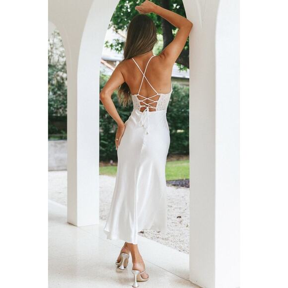 NEW! Selfie Leslie Golden Era Satin Lace Cowl Neck Midi White Dress L st3125b01 - Picture 3 of 9